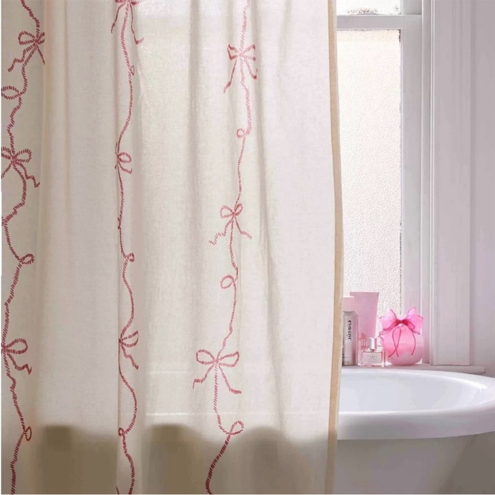 Urban Outfitters Lacey Bows Shower Curtain- Red / Cream - 72” x 72” NWT